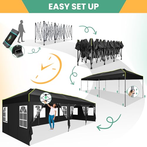Image of COBIZI 10x30 Pop Up Canopy Tent, Wedding Party Tent with 8 Sidewall One Push Setup Glow, 3 Adjustable Height Air Vent Waterproof UPF50+, Wheeled Bag, Sandbag, Stake, Rope for Commercial, Outdoor