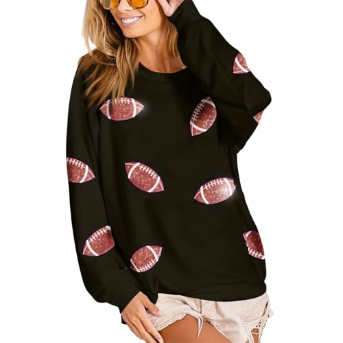 Football Sweatshirt Women Crewneck Oversized Game Day Sequin Casual Sweatshirts Lightweight Pullover Long Sleeve Shirt4