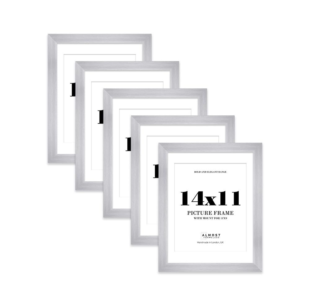 14x11" Silver Frame With Mount for 11x9" Pictures 28mm Edge Portrait and Landscape Display with Wall Hooks and Kickstand, 5 Pack