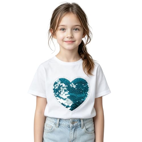 Image of LittleSpring Girls Short Sleeve Tshirt Heart Shaped Sequin Tees