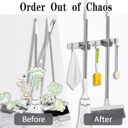 Image of Niwlix 2 Slot & 3 Hook Stainless Steel Mop and Broom Holder Wall Mount, Anti Slip Heavy Duty Waterproof Broom Hanger Stand Organizer Tool for Kitchen Home Garden Bathroom Garage