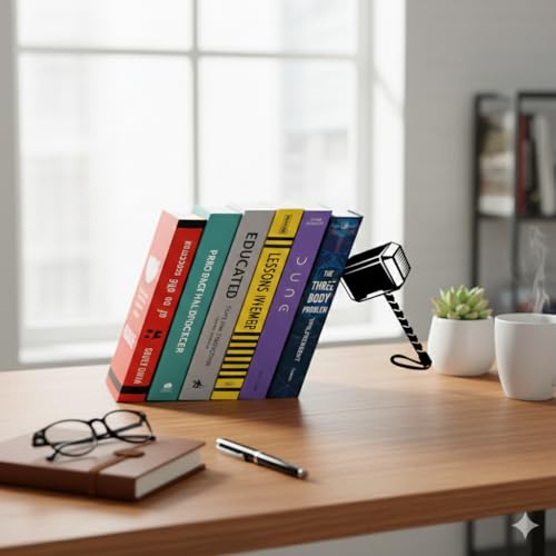 Image of Superhero Book Ends | Illusion Metal Bookends for Desk | Book Holder for Home Decorative - Gift for Book Lovers and Home Decor | Desk Accessories for Study Room (Thor)