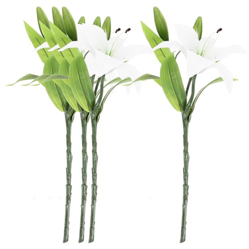 CONGARTENO Ramo de Lirios Artificiales Blancos 4 Piezas 3 Cabezas por Unidad Flores de Realistas para Decoración de Bodas Centros de Mesa y Eventos Interiores y Exteriores