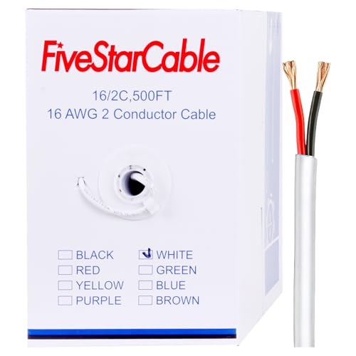 FiveStarCable 16/2 500 Ft. 2 Conductors Audio Speaker Lightning Installation High-Power Home Wiring Cable Wire (White, 16-2 500ft)