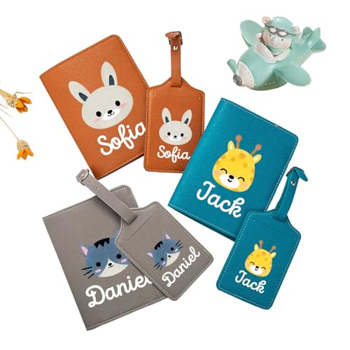 Étui à passeport et étiquette à bagage en cuir personnalisé pour enfants, motif animal de dessin animé, étui à passeport personnalisé, imperméable,...