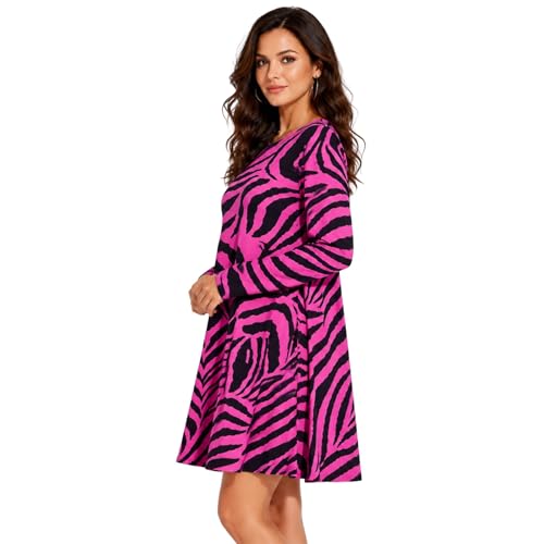 Vestido de manga larga estampado cebra mujer minivestido rosa neón evasé 40-42 2