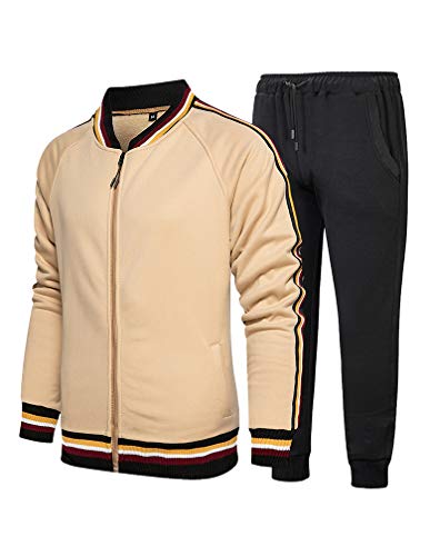 Lavnis Men's Casual Tracksuits 2 Piece Outfit Sweatsuits Running Jogging Athletic Sports Set Long Style Khaki XL