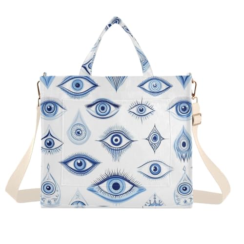 Blue Evil Eyes Corduroy Tote Bag for Women Hobo Crossbody Bag Purse Stylish Shoulder Handbag Messenger Bags, S