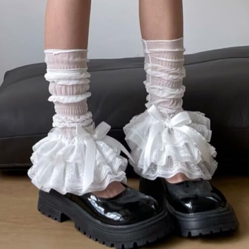 SOLILOQUY Women Y2K Ruffle Lace Leg Warmer Kawaii Lolita Long Thigh High Socks Harajuku JK Tiered Sheer Tulle Boot Cuff Cover4
