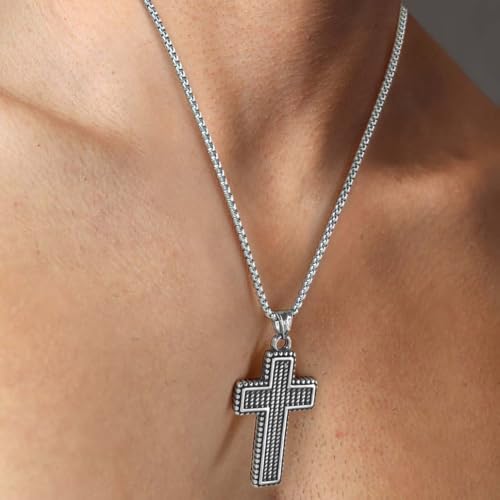 Cross Necklace for Men, Stainless Steel Christian Cross Pendant Necklaces for Men, Silver Chain Necklace for Men, Fade-Resistant, Stylish Jewelry Gift for Him