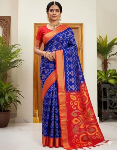 Image of AYYAPPASILK Women's Exclusive Ikkat Silk Saree for Designer Border with Contrast Blouse