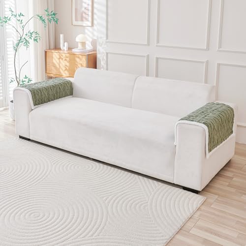 Image of HOKIPO 'Italian Caelora' Luxury Jacquard Plush Anti-Slip Sofa Armrest Covers | 1 Pair - Sage Green (AR-5953-GRN*2)