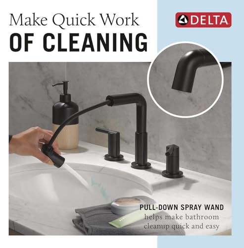 Image of Delta Nicoli Matte Black Bathroom Faucet with Sprayer, 8 Inch 3 Hole Widespread Bathroom Sink Faucet with Pull Out Sprayer, Push-Pop Drain, Matte Black 35849LF-BLPD.