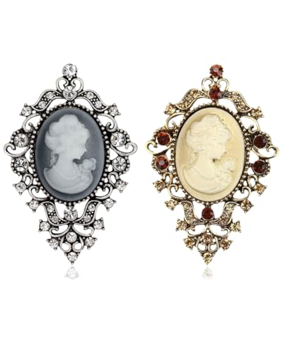 ZAMXHUG 2 Piezas Broche de camafeo y cristal, broche de moda vintage victoriano para bodas, colgante vintage para mujeres y niñas, accesorios para vestir suéteres, sombreros, acero aleado