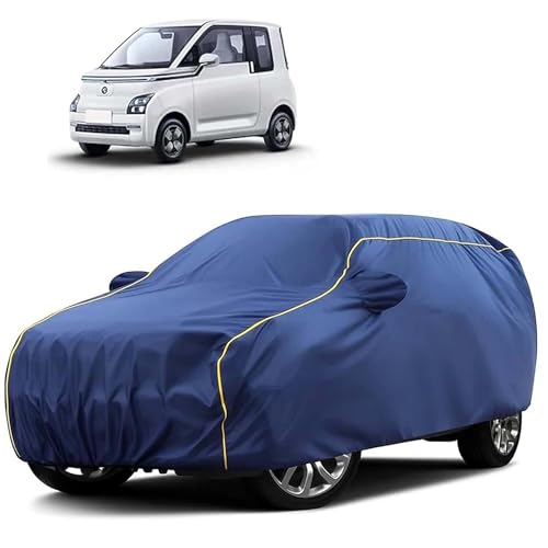 Image of Sulfar 100% Water Resistant Car Body Cover Compatible with Mirror for MG Comet EV (Triple Stitched, Full Bottom Elastic, Blue Tafetta with Yellow Piping)