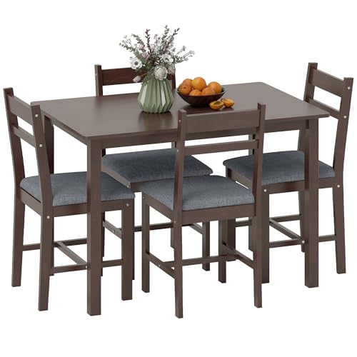 HOMCOM 5-Piece Solid Wood Dining Table Set for 4, Farmhouse Kitchen Table with Upholstered Chairs for Small Space, Dining Room, Breakfast Nook, Walnut and Gray