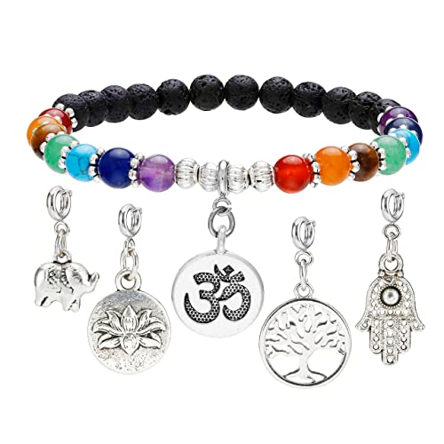 GEHECRST 7 Chakra Lavastein Armband Lebensbaum Armband Yoga Armband mit Lebensbaum Hamsa Hand OM Elefant Lotus Anhänger Lava Armband Healing Reiki Energietherapie Glückbringen Cover