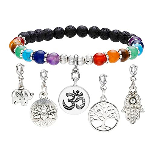 GEHECRST 7 Chakra Lavastein Armband Lebensbaum Armband Yoga Armband mit Lebensbaum Hamsa Hand OM Elefant Lotus Anhänger Lava Armband Healing Reiki Energietherapie Glückbringen