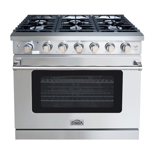 Sinda 48 Inch Gas Double Oven with 7.0 cu.ft All Gas Stove Freestanding Gas Range with Cast Iron Grates Convections Two Porcelain Oven Racks 6 Burners Natural Gas/LP Convertible