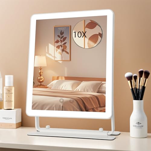 Hollywood Vanity Mirror with Lights Tabletop Makeup Mirror with Smart Touch Control 3 Colors Light 360Rotation Detachable 1X/10X Magnification