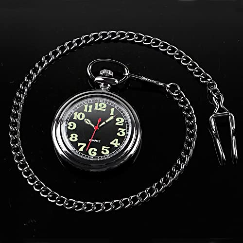 Whodoit Black Shiny Arabic Numeral Men's Quartz Pocket Watch, Pocket Watches Gift Quartz Movement For Men With Chain-Black #TOP4