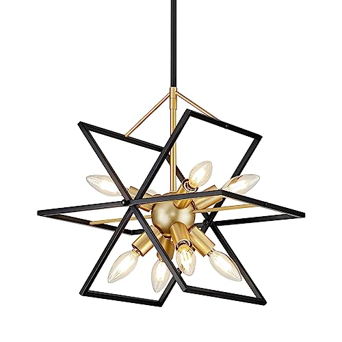 TEMINBU Modern Small Black and Gold Chandelier, Geometric Lantern Dining Room Pendant Light Fixture, 8-Light Industrial Metal Hanging Lighting Fixtures for Kitchen, Entryway, Foyer