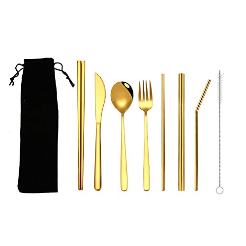Juego de Cubiertos Reutilizables, Utensilios de Almuerzo de Oficina de 9 Piezas, Juego de Cubiertos Portátiles de Acero Inoxidable con Pajita, Cuchillo, Tenedor, Cuchara, Palillos (Oro) Cover