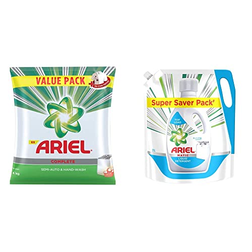 Complete Detergent Washing Powder- 4Kg Value Pack & Ariel Matic Liquid Detergent Top Load Refill Pouch, 2 Litre