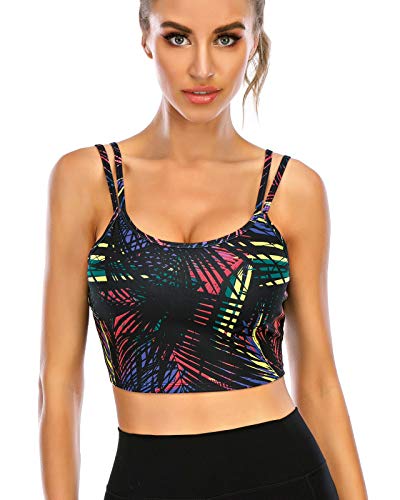FAFAIR Sleeveless Crop Camisole Tank Tops Seamless Cami Workout Shirts with Shelf Built Bra for Women Girl Gym Leaves M