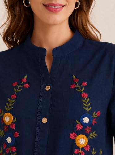 Image of RIEKA Womens Off White Cotton Shirt with Multicolour Floral Embroidery Button Down Mandarin Collar Relaxed Fit Casual Wear Top