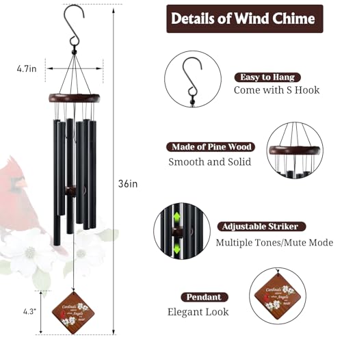 Image of 36 inch Memorial Wind Chimes Sympathy Gift - Cardinal Windchimes in Loving Memory of Loved One, Memorial Cardinal Gifts for Loss of Mom /Dad, Bereavement,Condolence,Funeral Grieving