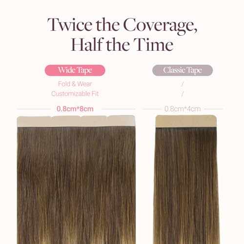 Image of GOO GOO Tape In Weft Hair Extensions Human Hair, 4 /27 /4 Balayage Chocolate Brown to Caramel Blonde, 8cm Wide Tape, 18inch 20pcs 100g, Tape Weft Hair Extensions, Seamless Tape in