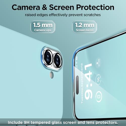 Image of Magnetic for iPhone 16 Case, Compatible with Magsafe, Suction Cup Phone Mount, [2 Screen Protectors][Camera Lens Protector] Silicone Shockproof Protective Slim Phone Cover 6.1 inch, Light Cyan