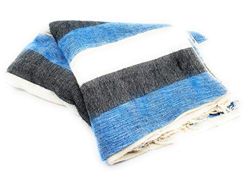 100% Yak Wool Soft Throw Blanket Handmade in Nepal 50" x 90" Stripes (Blue, Cream & Black)