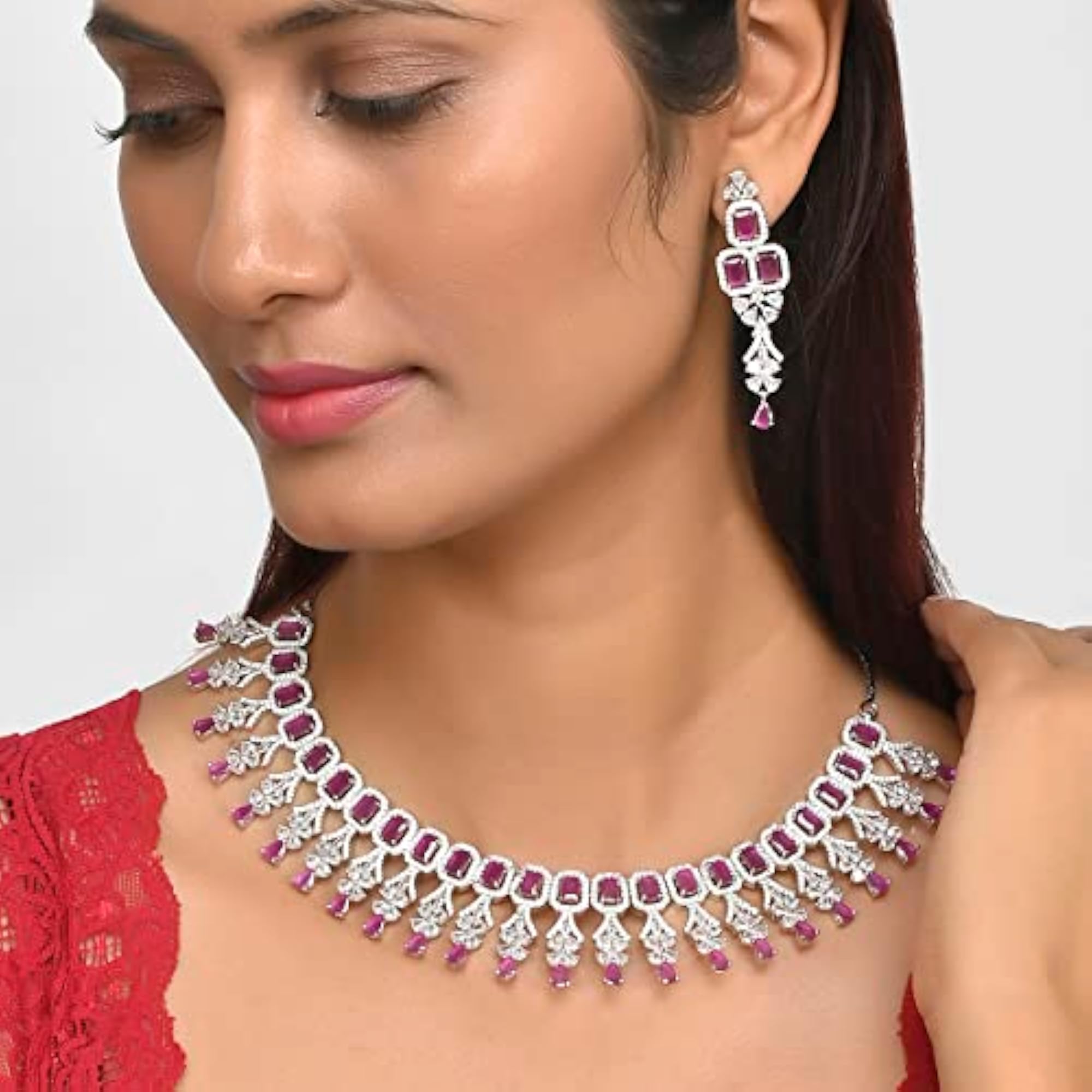 Emerald Cut CZ Adorned Brass Opulent Plated Jewellery Set