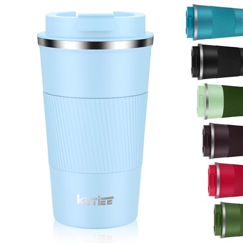KETIEE 510ml Sky Blue Insulated Coffee Cup with Leakproof Lid, Reusable Travel Mug, Double Walled Stainless Steel Coffee Mug for Hot Cold Drinks, Keeps Hot/Cold Up to 6 Hours, Non-Slip, Easy Clean