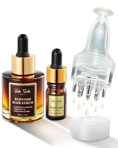 VEDA TINDA SCENT Hair Serum Applicator & Rosemary Oil & Moroccan Argan Oil, Scalp Massager for Hair Growth, Scalp Care Essential Oil Set for Men and Women