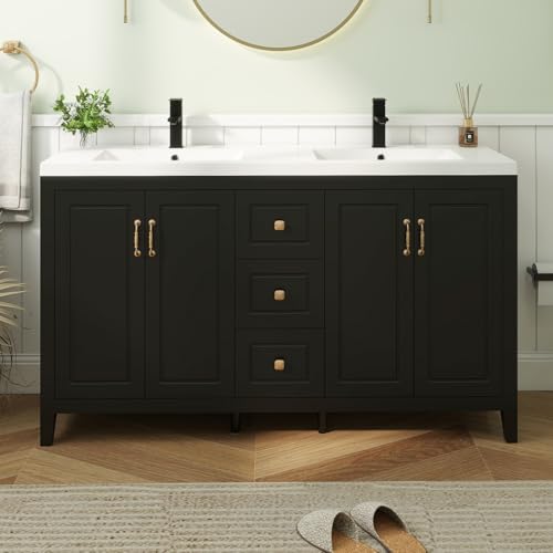 YOURLITE 60 Bathroom Vanity with Sink Painted Surface Freestanding Vanity Cabinet with 4 Soft-Close Doors 3 Drawers Matte Black Faucet Drain Modern Bathroom Furniture