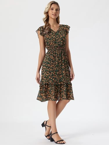Image of Allegra K Women's Floral Dress Spring Summer V Neck Flutter Sleeve Ruffle Casual Smocked Knee Length Dresses