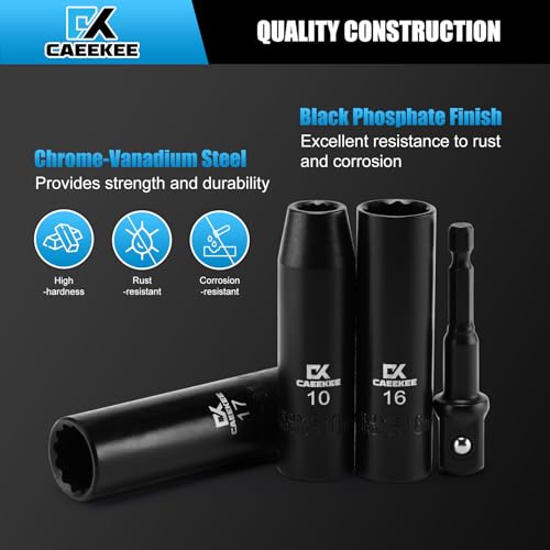 Image of 12-Piece 1 /2 inch Drive Deep Impact Socket Set, Metric (10mm - 24mm), 12-Point, Cr-V Steel, Includes Drill Socket Adapter