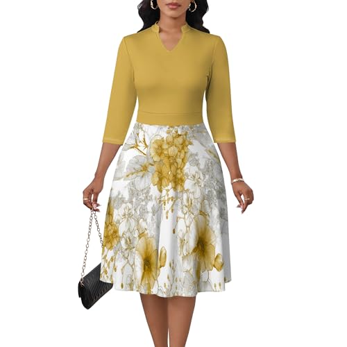 Womens 3/4 Sleeve Midi Dresses Floral Contrasting Color V Neck A Line Dress Elegant Fall Dresses with Pockets S-3XL