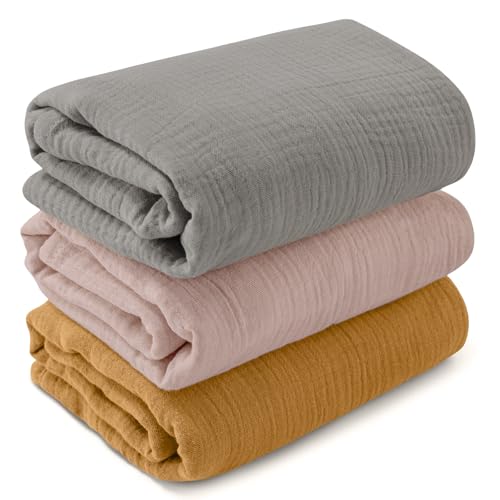 Image of Muslin Swaddle Blankets for Newborn, 3 Pack Breathable Soft Receiving Blanket, Large 38 x 40 inches Swaddle Wrap Burping Clothes, Essentials Infant Shower Items, Toddler Gift (Multiple Colors)