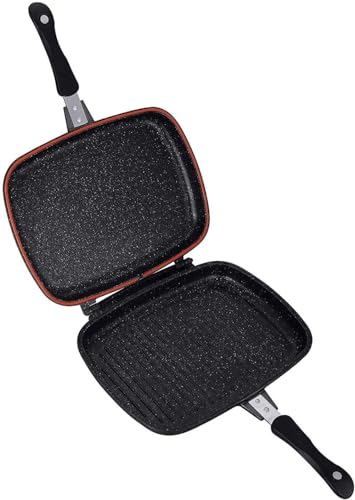 fashion home Pagano Doppia Padella Griglia Piastra Bavaria Rivestita in Pietra Lavica con Superficie Antiaderente Cottura Sopra e Sotto, misura 32 cm