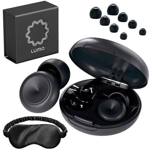 Lumo Tapones para los oídos para dormir – Tapones de silicona reutilizables de 28 dB (SNR) para reducción de ruido con máscara de seda para dormir | Protección auditiva para trabajo y concierto |