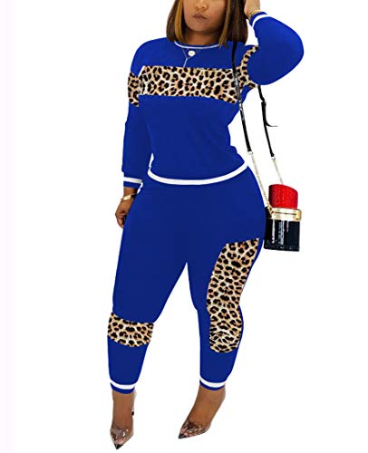 WOKANSE Women Sweatpants Sets Leopard Patchwork Long Sleeve Sweatshirt Tops Skinny Long Pants Outfit Sportswear 2 Piece Tracksuit Blue 2XL