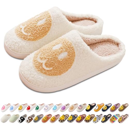 Image of Women's Men's Preppy Happy Face Slippers Comfy Warm Plush Slip-On House Slipper for Winter Indoor Soft Cushion Non-slip Fluffy Slides Slippers