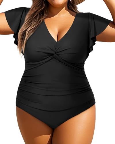 Aqua Eve Plus Size One Piece Swimsuit with Sleeve Tummy Control Bathing Suit Ruffle Vintage Swimwear