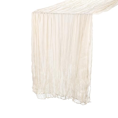 QUARKZMAN 11Ft Tovaglia Tavola Stamigna, 35 x 134 Pollici Rustico Garza Tovaglia Puro Runner per Matrimonio Festa Matrimonio Decorazioni Tavolo, Beige
