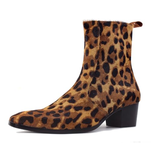 Dress Boot for Men Casual Chelsea Fashion Stylish Pony hair Ankle Leather High Heels Boots Leopard print CD-JY012-D-R - Main Image