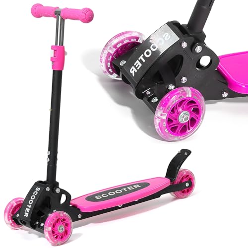 HOSKO Patinete para niños de 2 a 7 años, patinete iluminado de 3 ruedas, patinete plegable resistente con 3 manillares ajustables para niños y niñas, color rosa